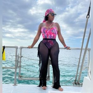 One piece bathing suit with head wrap